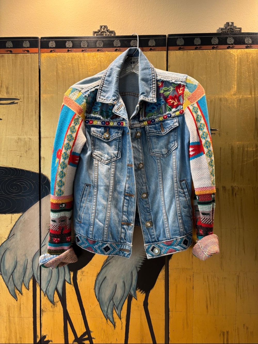 Desigual Light Wash Denim Jeans Jacket with Multicolor Knit Sleeves